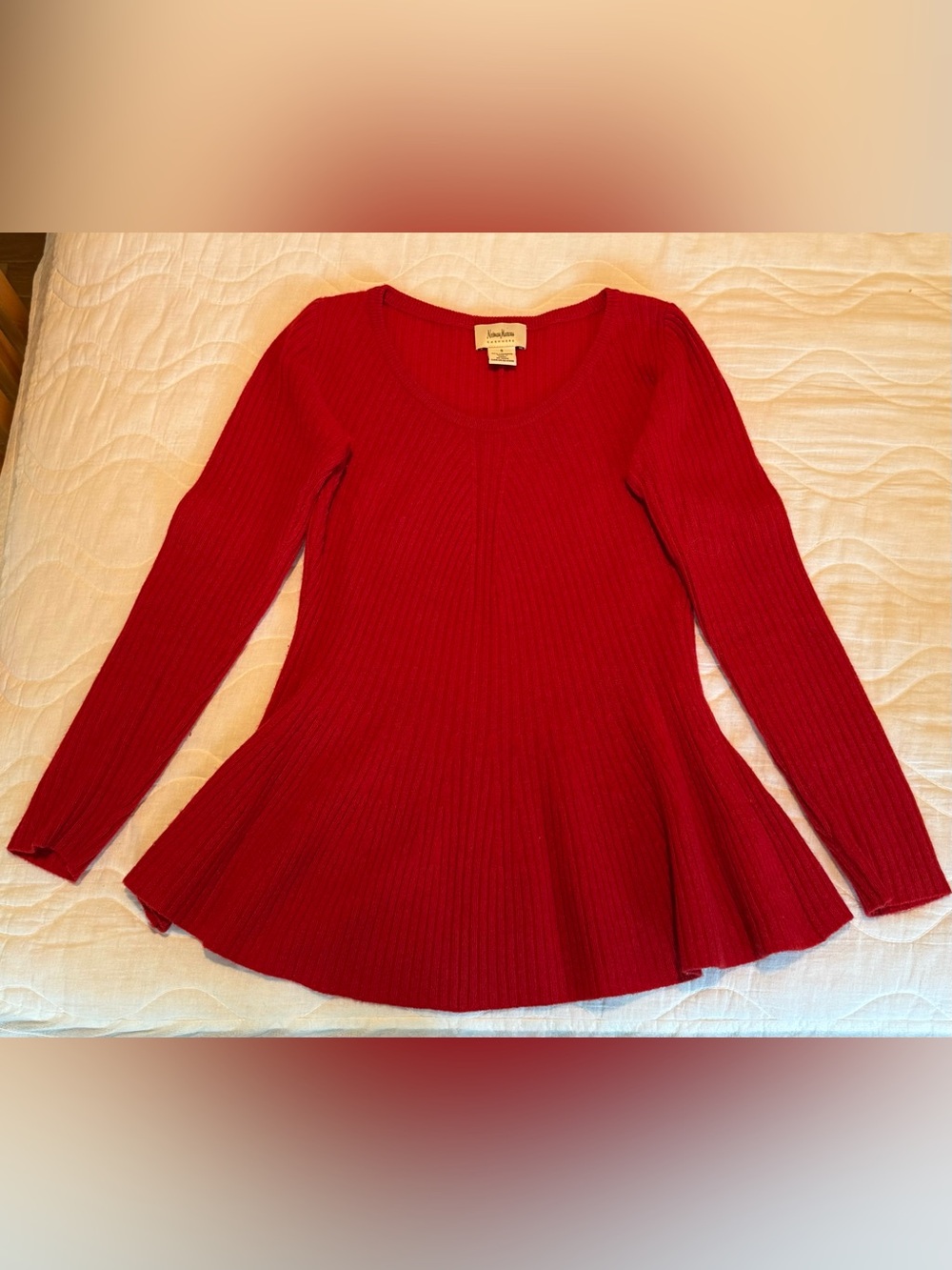 Neiman Marcus 100% Cashmere Red Ribbed Peplum Sweater S